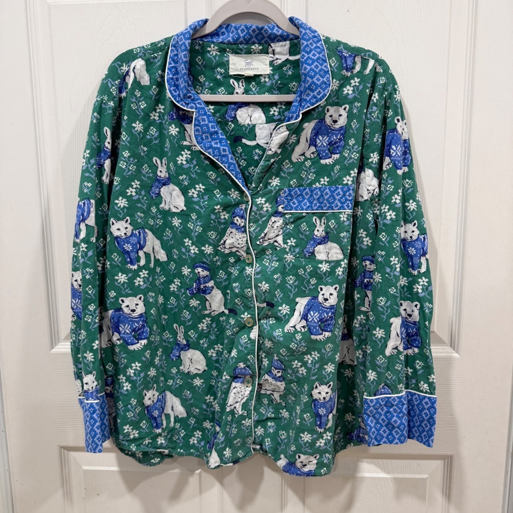 Printfresh Organic Cotton Pajama Top XL Green Winter Animal Polar Bear Fox Owl